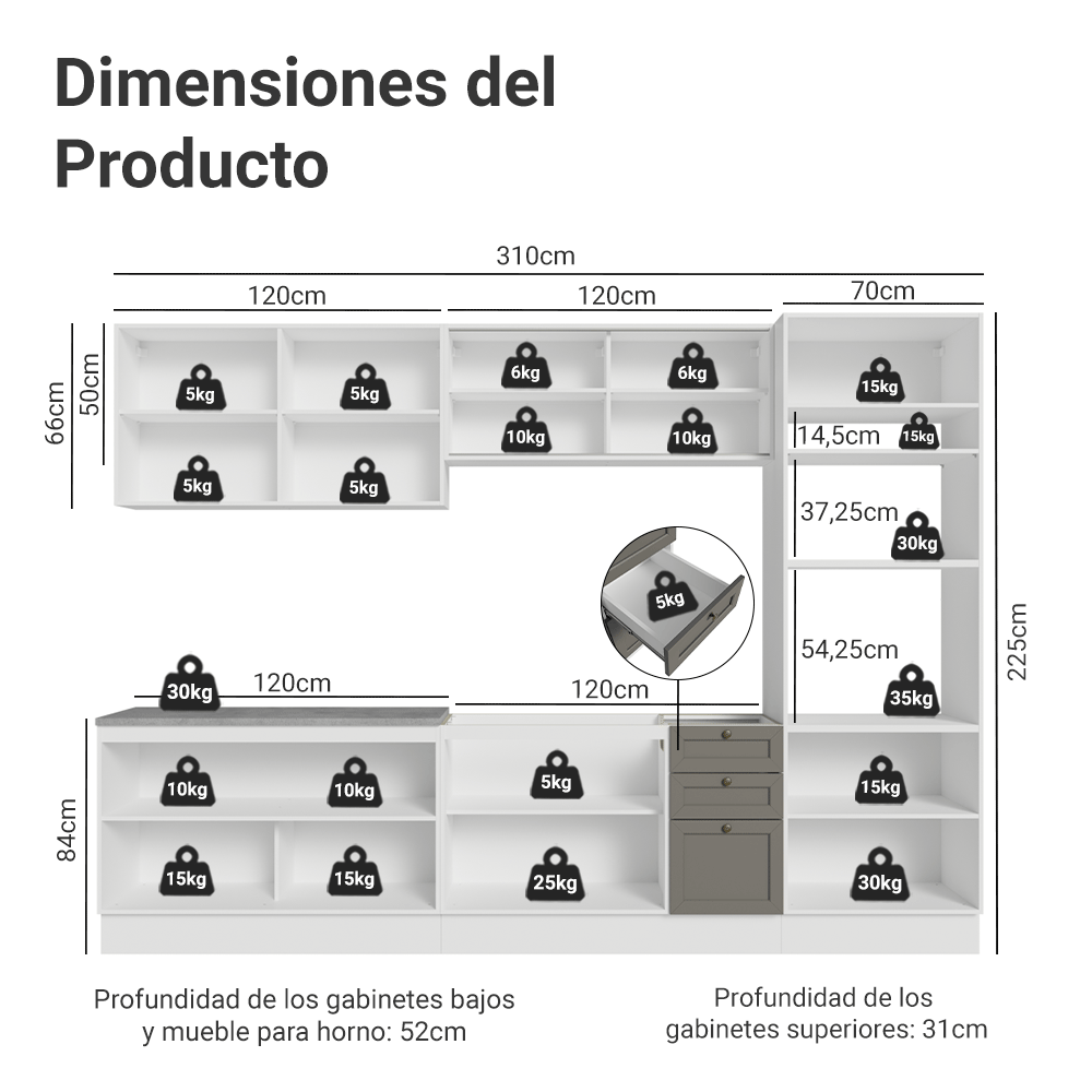 Combo completo de Cocina 310 cm 11 Puertas 3 Cajones Sin Mesada Blanco/Gris Vik Madesa