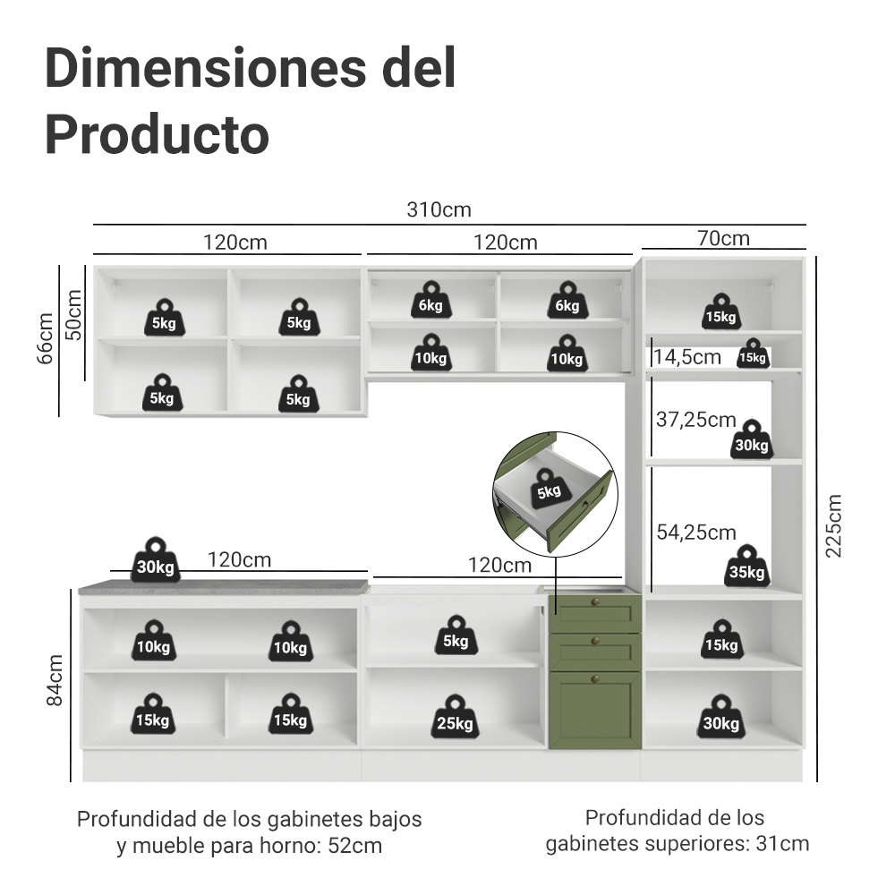 Combo de Cocina 310 cm Vik Blanco/Verde 01