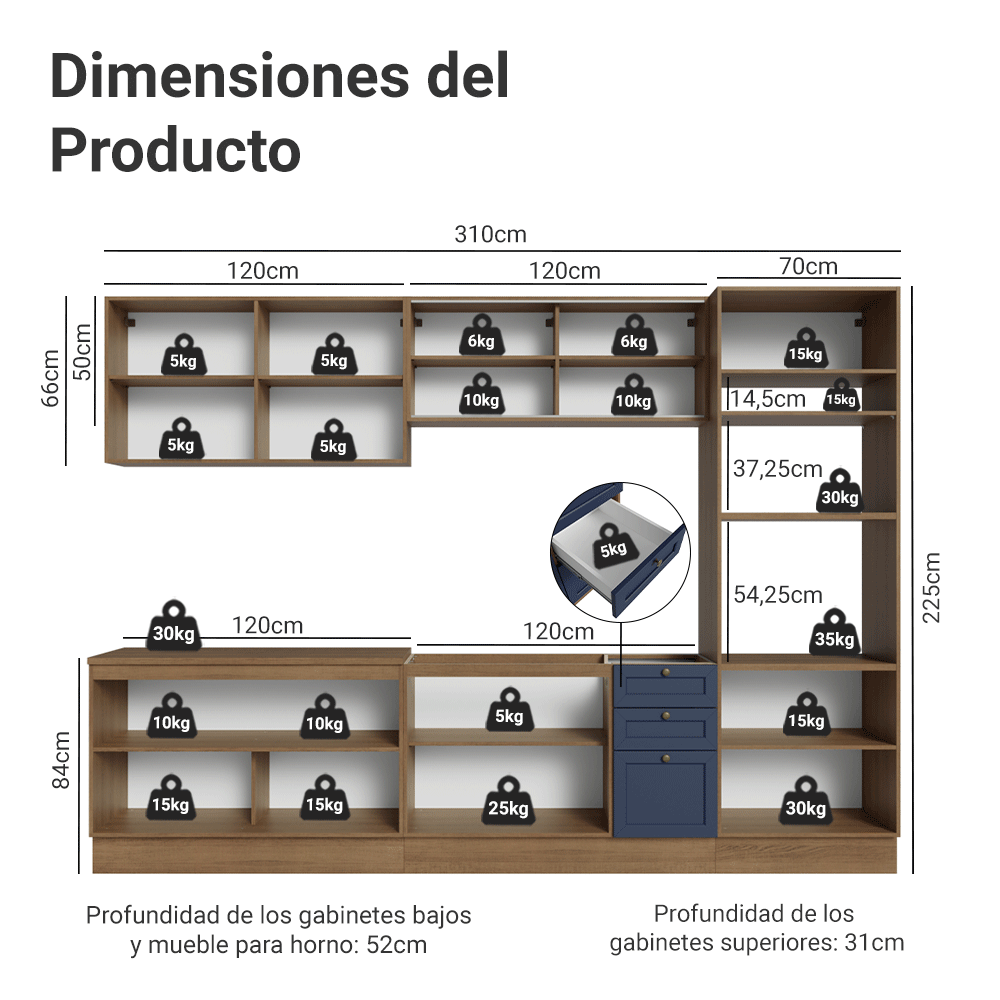Combo completo de Cocina 310 cm 11 Puertas 3 Cajones Sin Mesada Marrón/Azul Vik Madesa