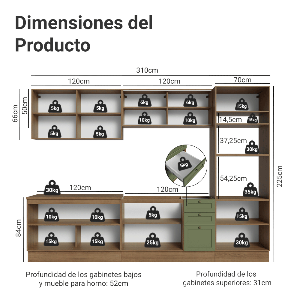 Combo de Cocina 310 cm Vik Marrón/Verde 01