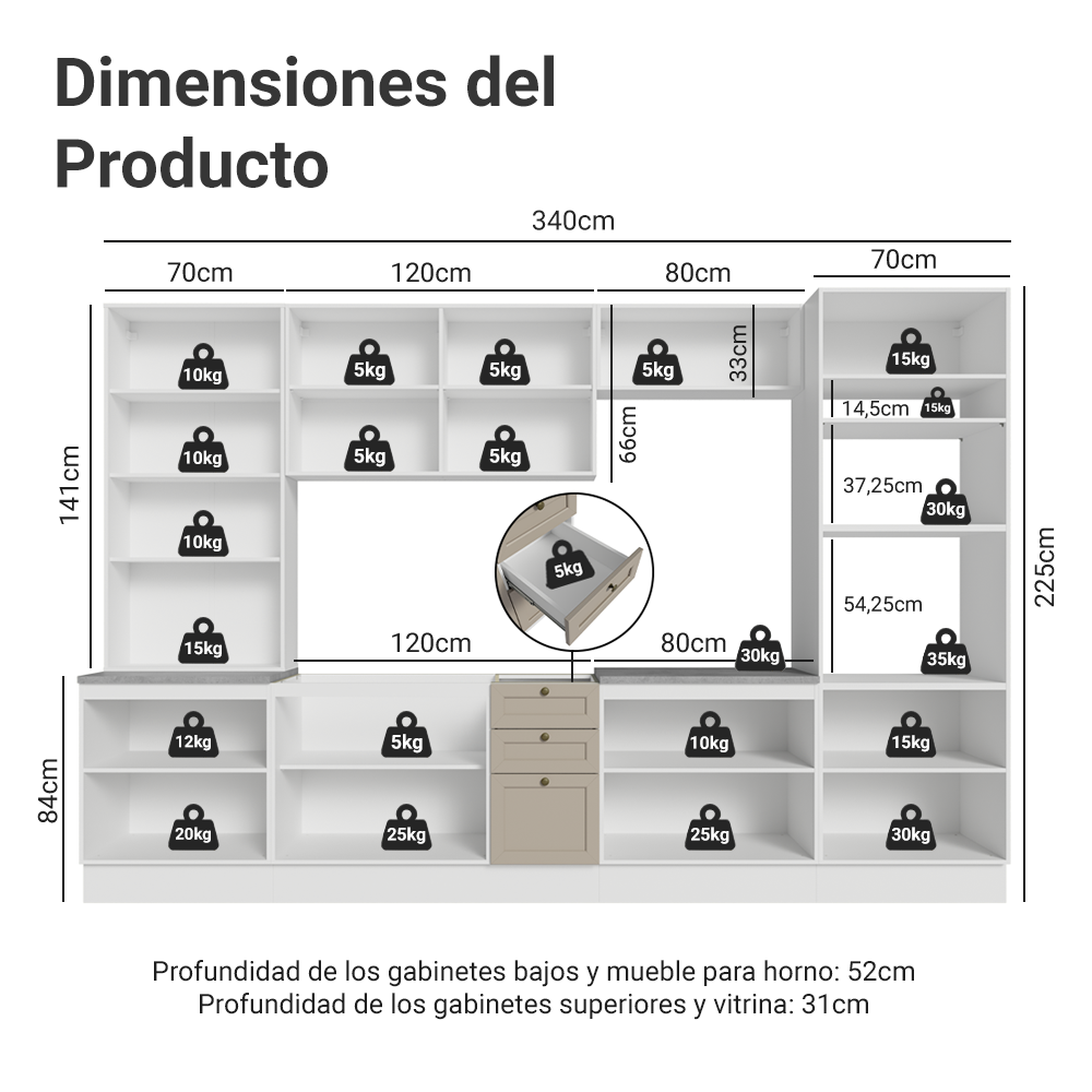 Combo completo de Cocina 340 cm Blanco/Crema Vik Madesa 01