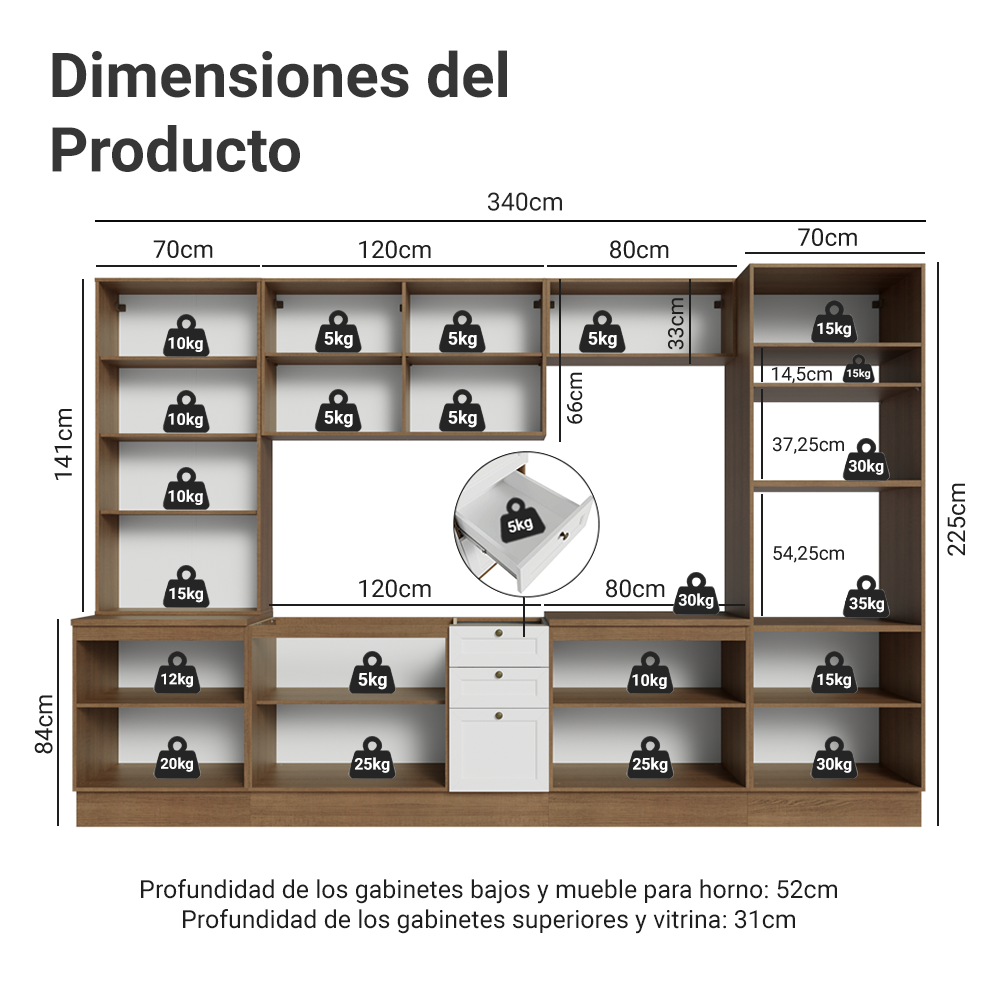 Combo completo de Cocina 340 cm Marrón/Blanco Vik Madesa 01