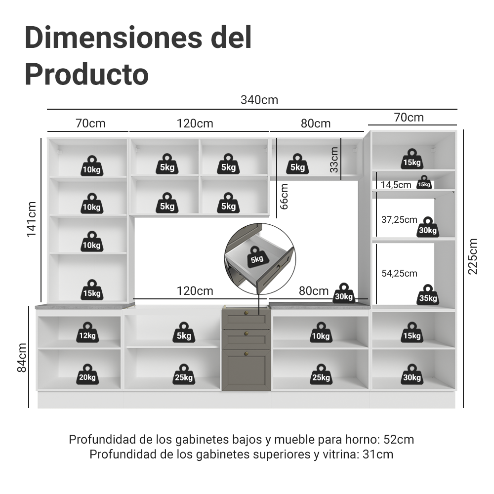 Combo completo de Cocina 340 cm Blanco/Gris Vik Madesa 01