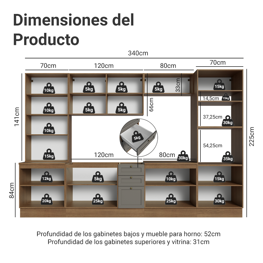 Combo completo de Cocina 340 cm Marrón/Gris Vik Madesa 01