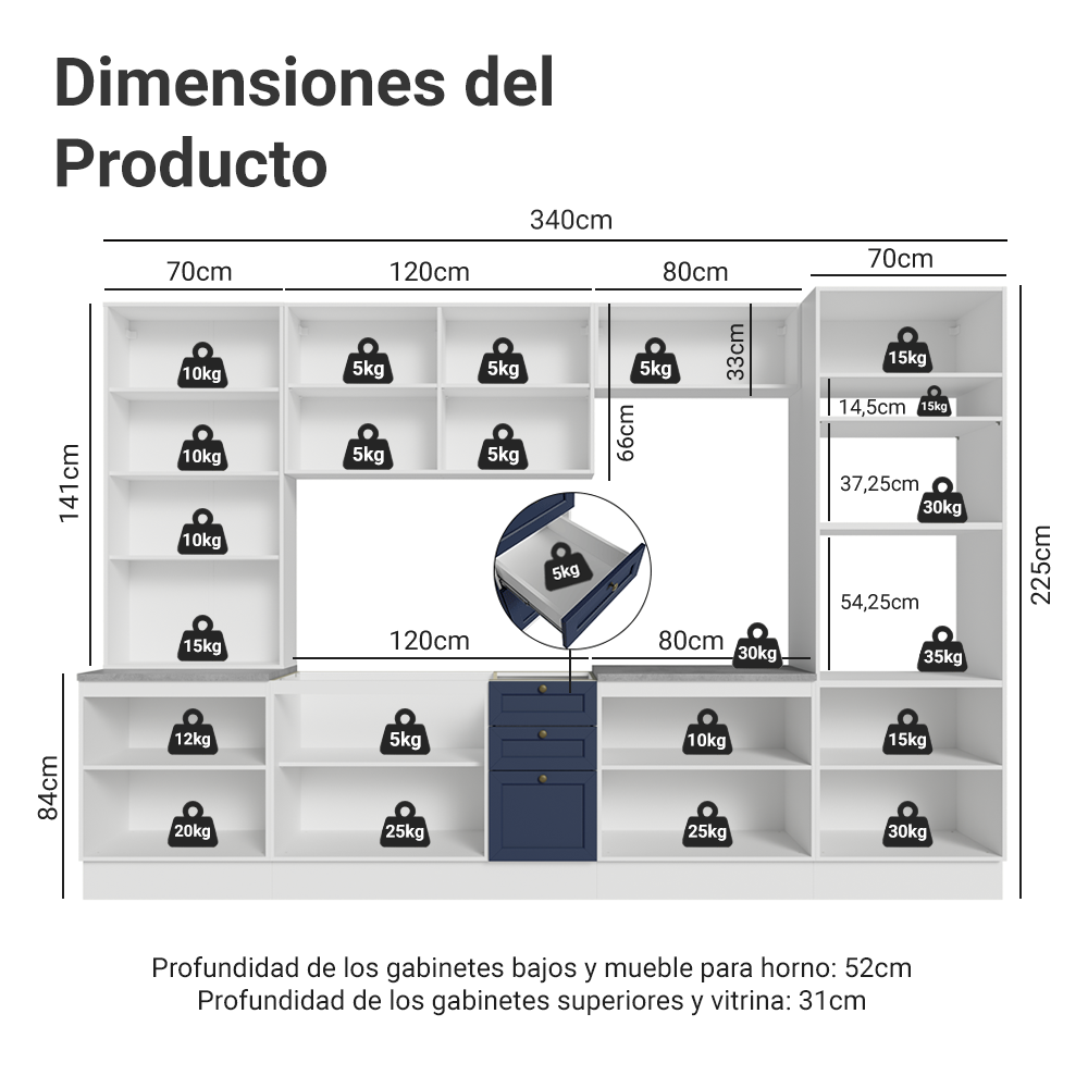 Combo completo de Cocina 340 cm Blanco/Azul Vik Madesa 01