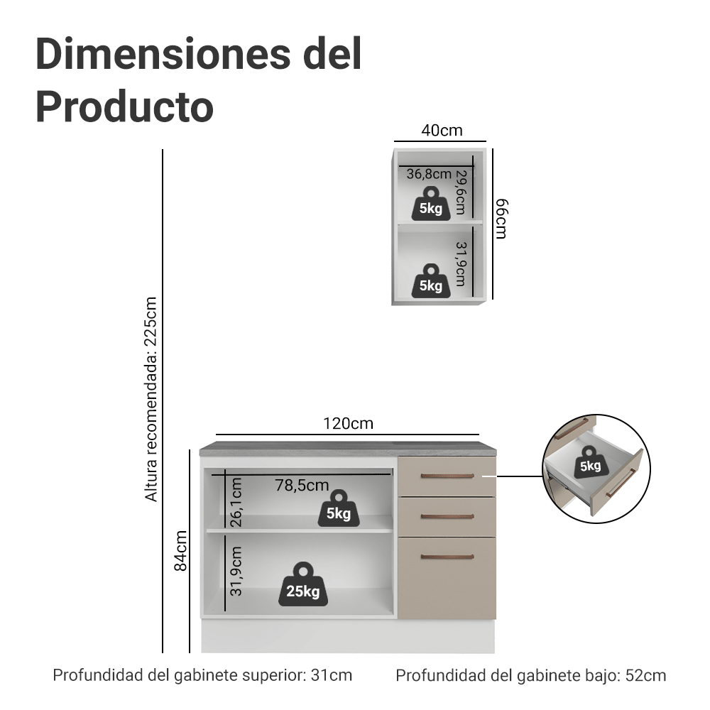 Vanitory 120cm 3 Puertas 3 Cajones Blanco/Crema Agata 01