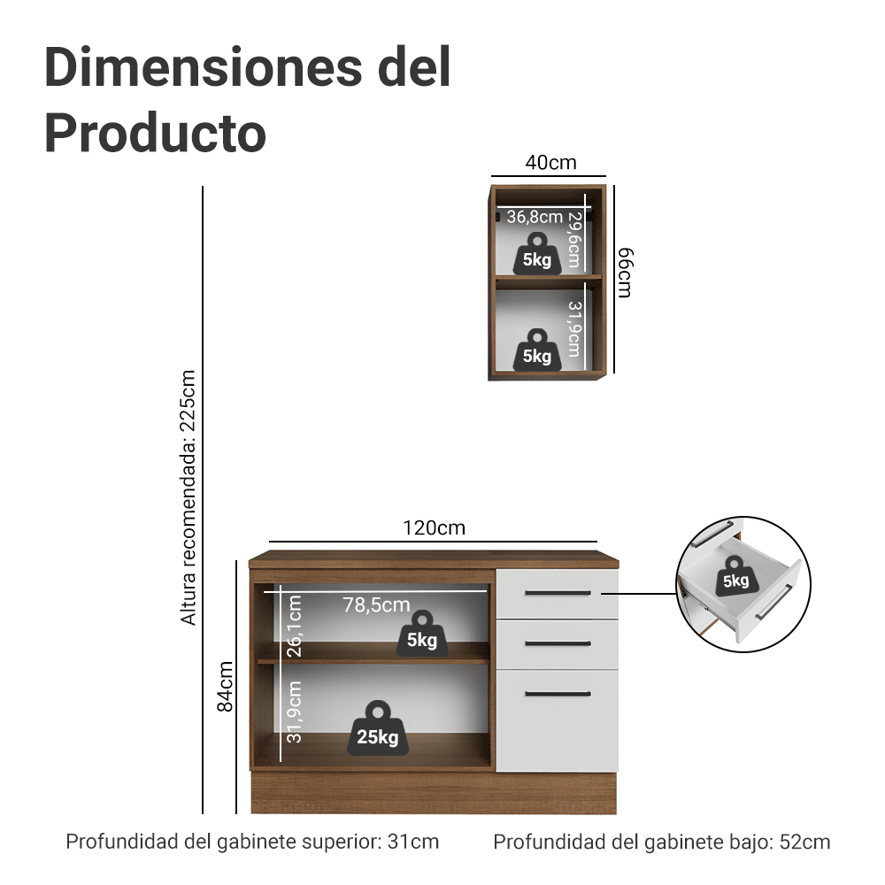 Vanitory 120cm 3 Puertas 3 Cajones Marrón/Blanco Agata 01