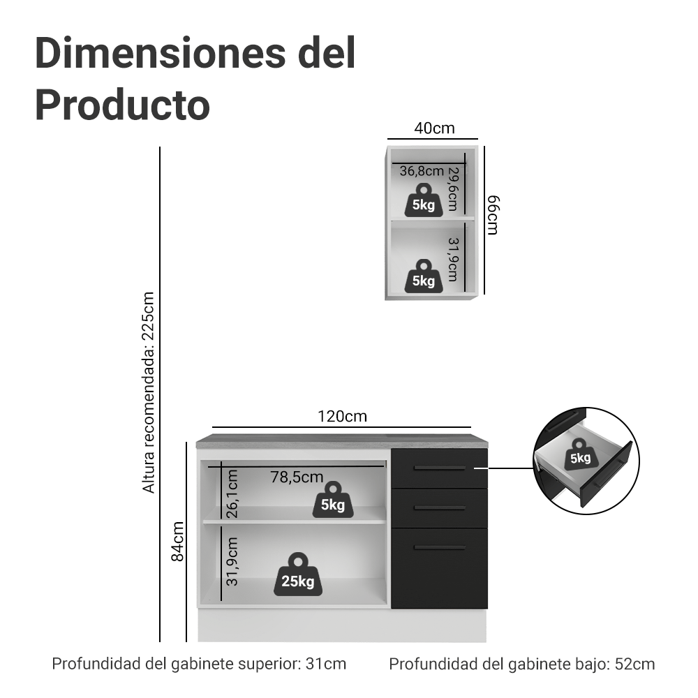 Vanitory 120cm 3 Puertas 3 Cajones Blanco/Negro Agata 01