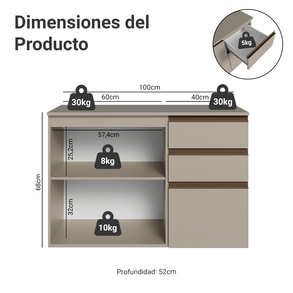 Vanitory Flotante Bajo 100cm 1 Puerta 3 cajones Crema Nice 03