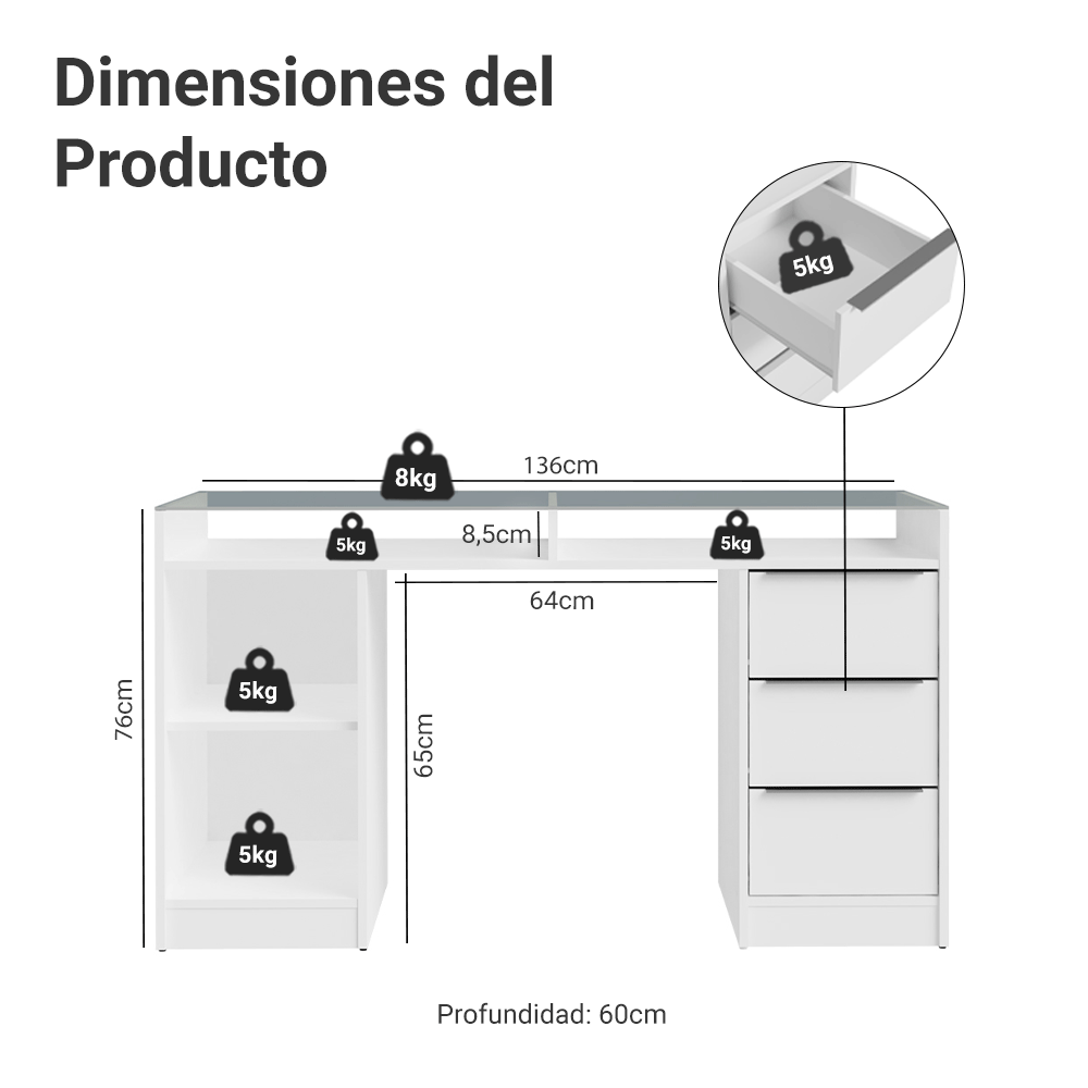 Escritorio Tocador 136cm 1 Puerta 3 Cajones Mesada Vidro Blanco Madesa