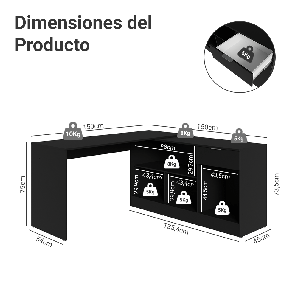 Tocador Esquinero para Maquillaje o Escritorio 300 cm Negro Madesa