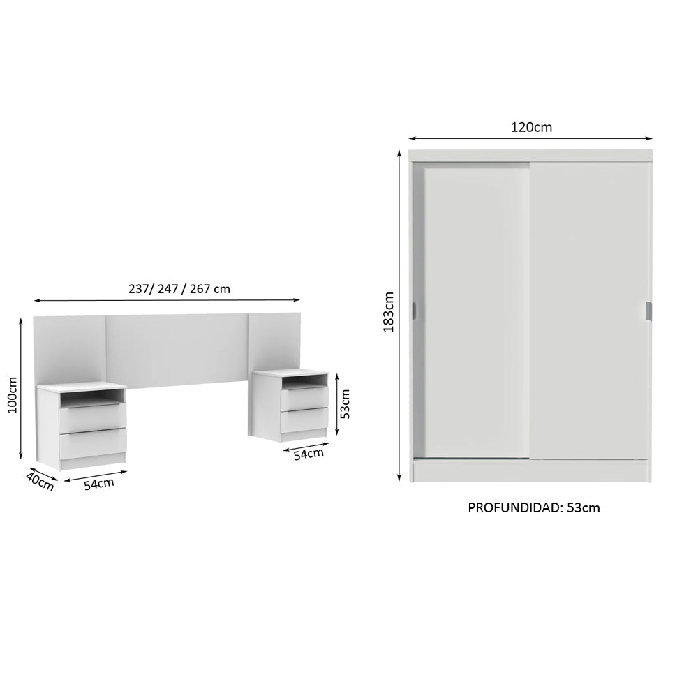 Habitación Completa con Placard Luke y Respaldo de cama con 2 Mesas de Luz Madesa Blanco