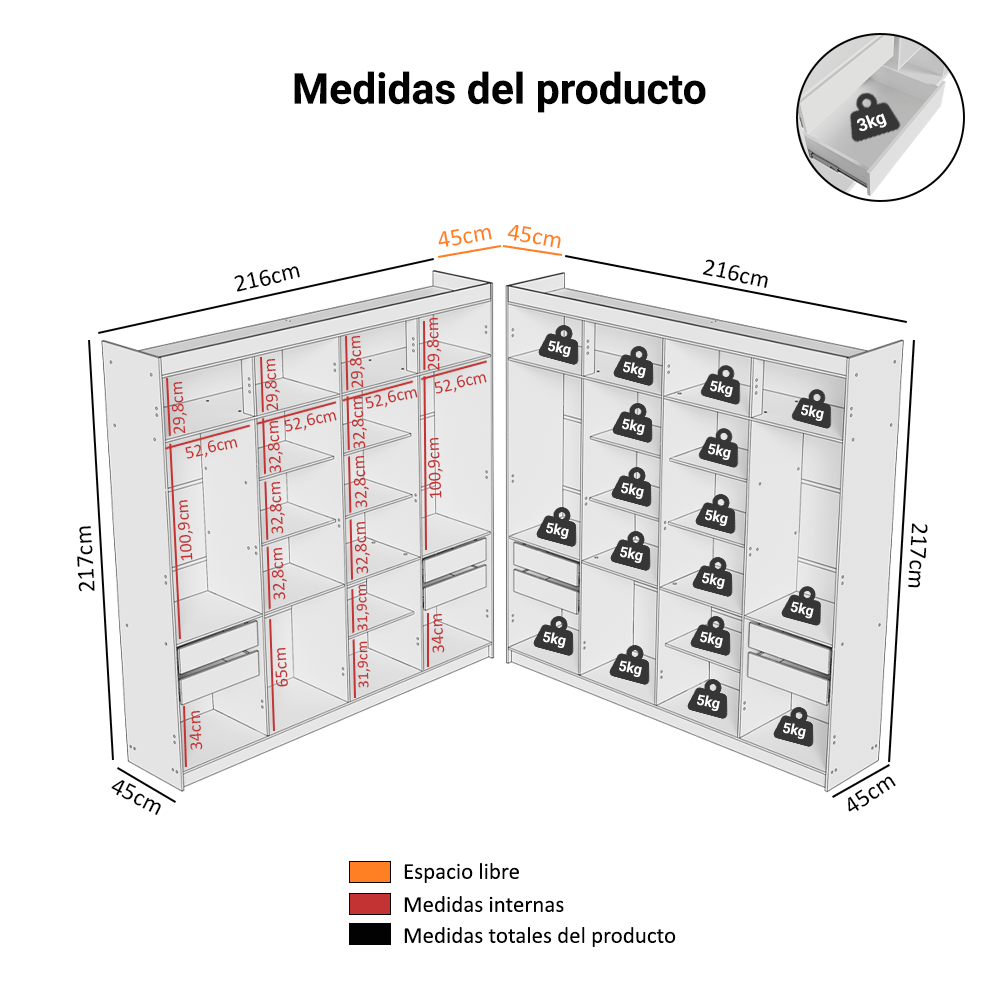 Placard Closet Esquinero 522 cm 8 Cajones Blanco Venus Madesa