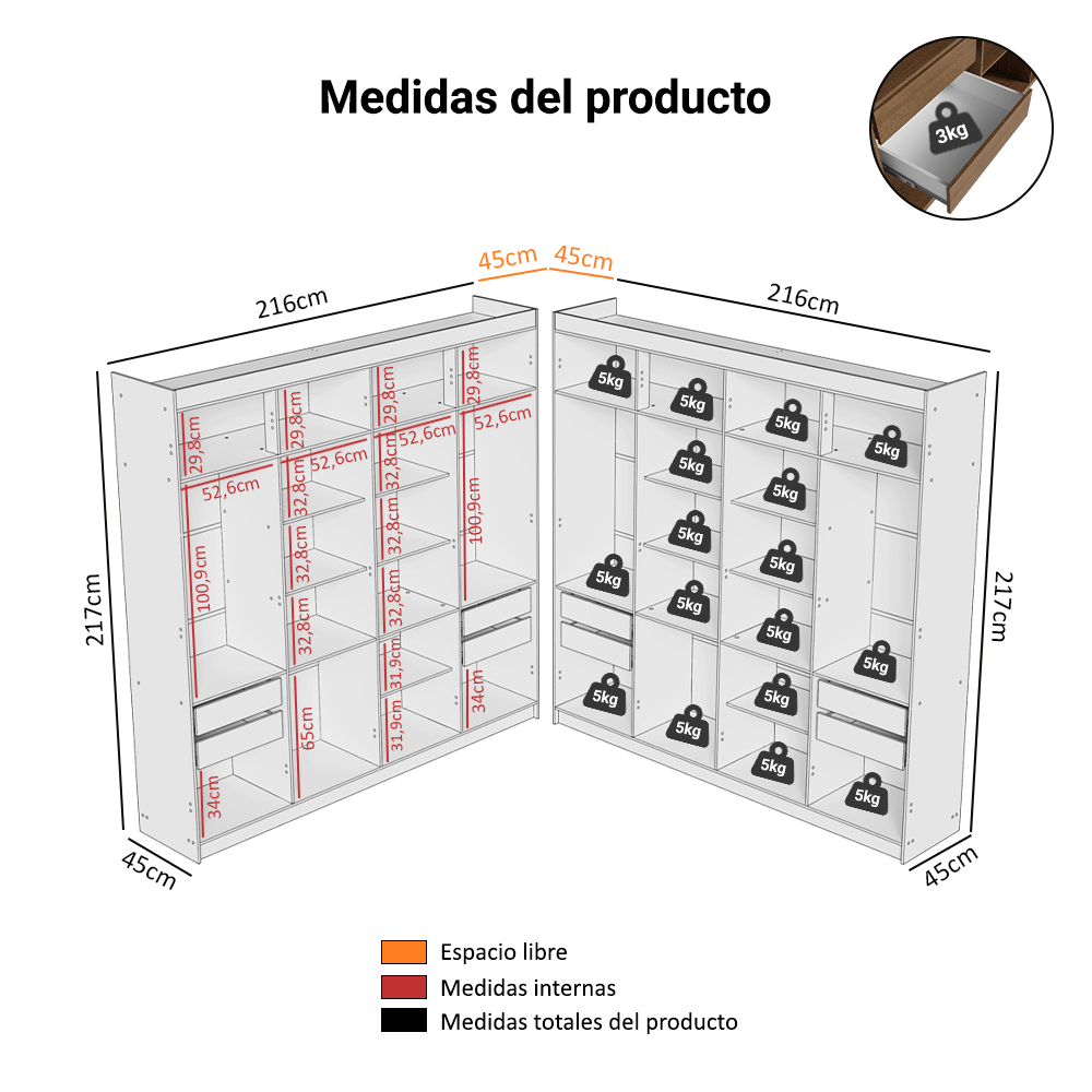 Placard Closet Esquinero 522 cm 8 Cajones Marrón Venus Madesa