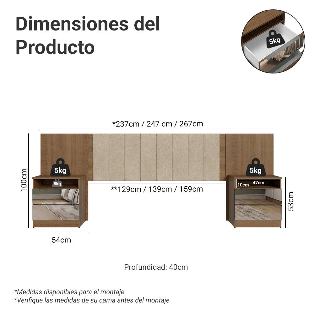 Respaldo de Cama Extensible Tapizado con 2 Mesas de Luz Espejadas Marrón/Imperial Madesa