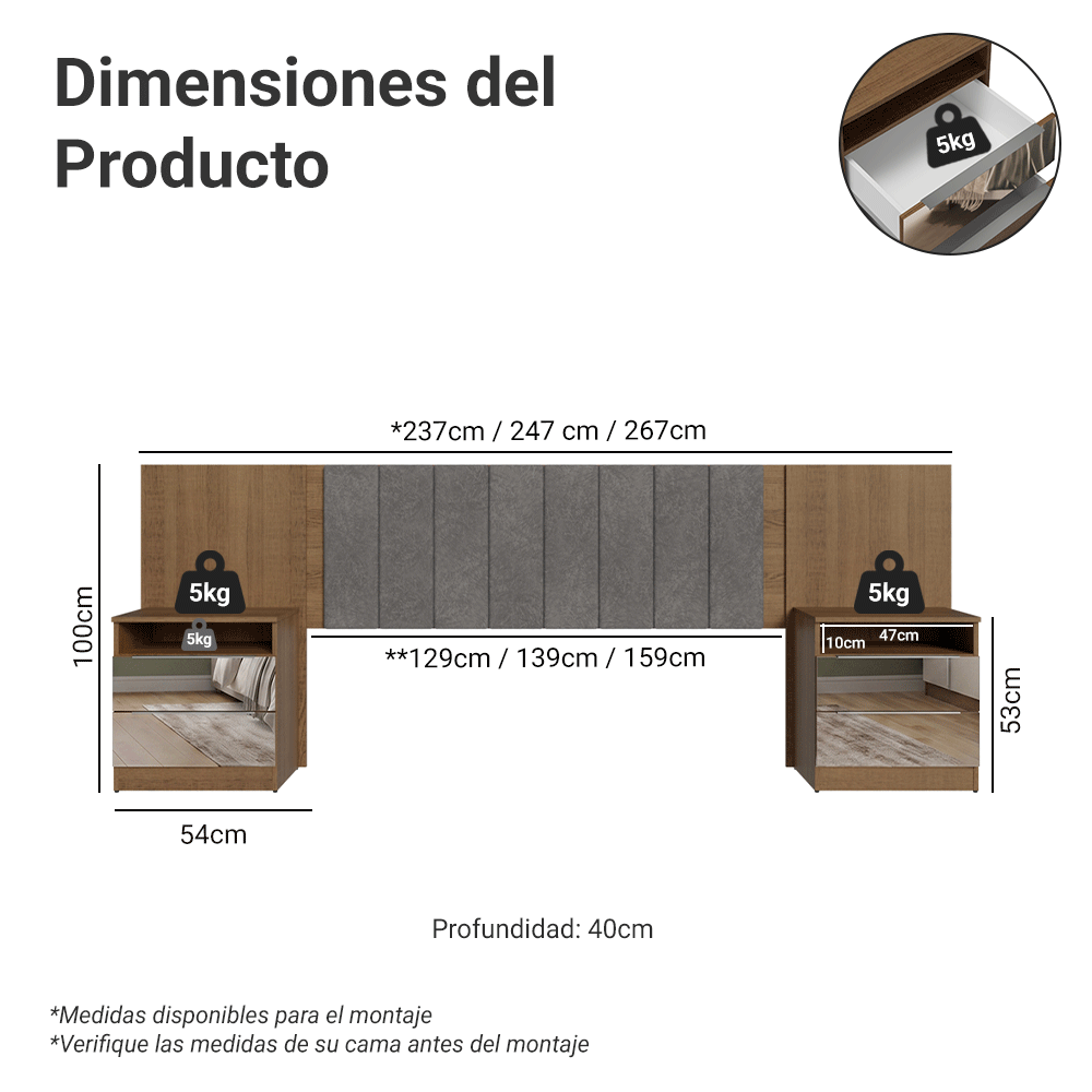 Respaldo de Cama Extensible Tapizado con 2 Mesas de Luz Espejadas Marrón/Silver Madesa