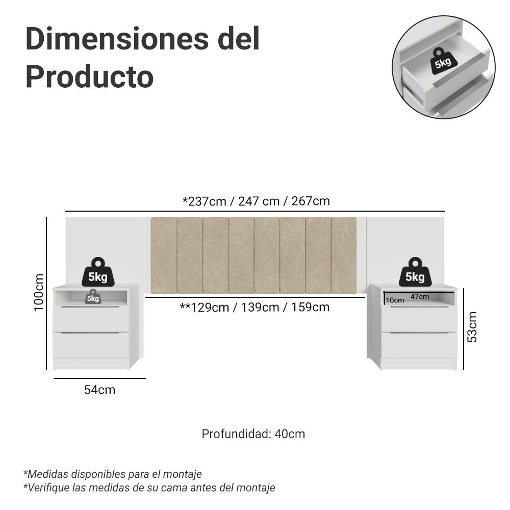 Respaldo de Cama Extensible Tapizado con 2 Mesas de Luz Blanco/Imperial Madesa
