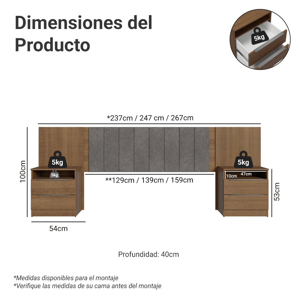 Respaldo de Cama Extensible Tapizado con 2 Mesas de Luz Marrón/Silver Madesa
