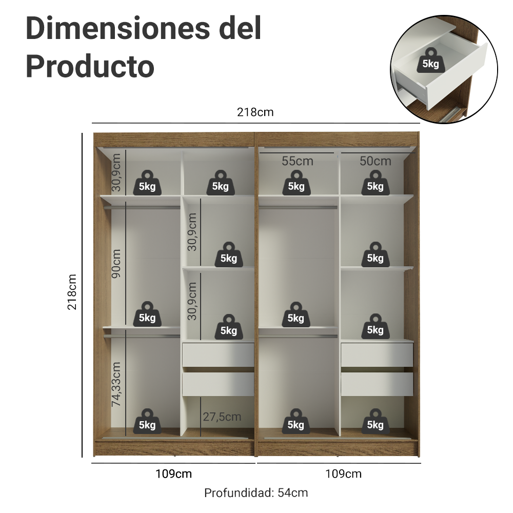 Conjunto 2 Placares 4 Puertas Corredizas Marrón/Blanco Tokio Madesa
