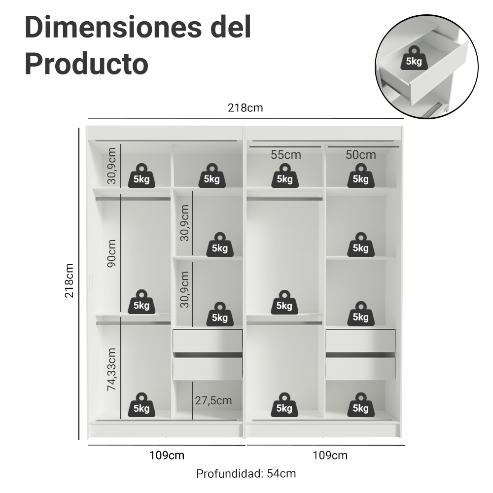 Conjunto 2 Placares 4 Puertas Corredizas con 2 Espejos Blanco/Marrón Tokio Madesa