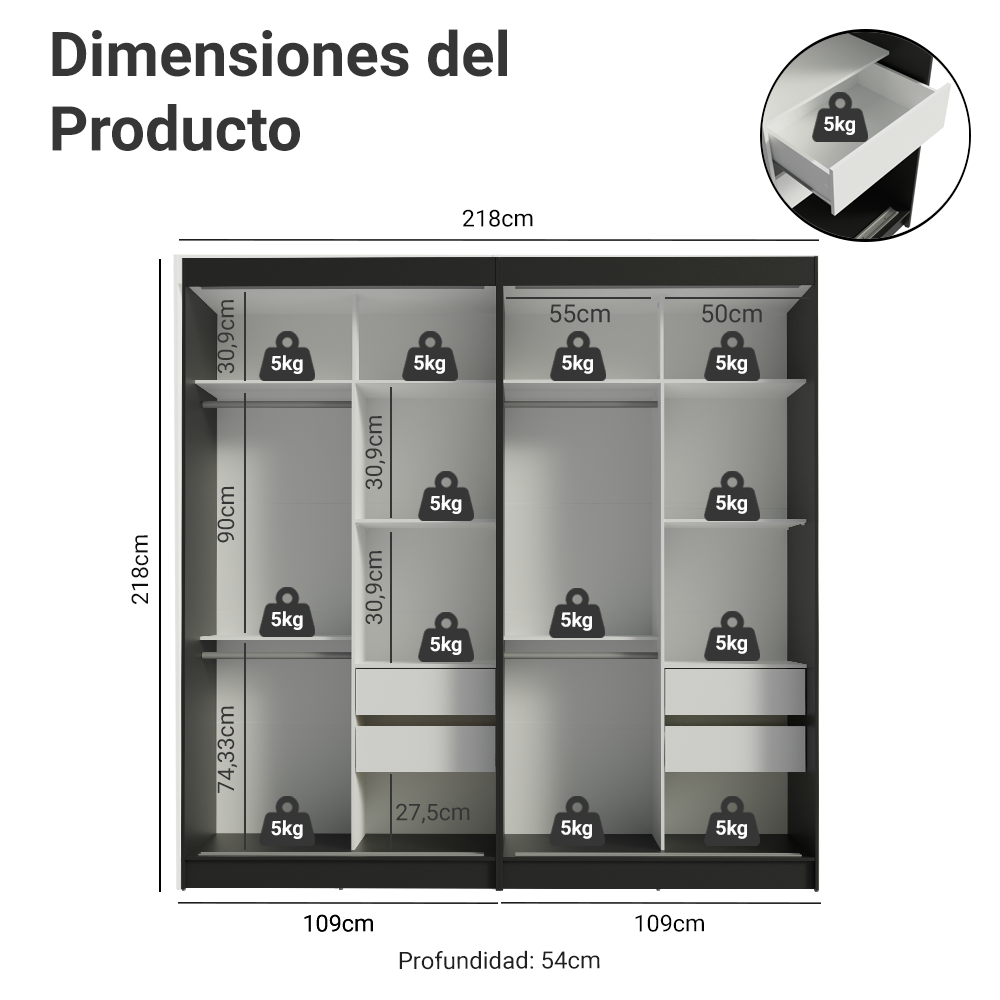 Conjunto 2 Placares 4 Puertas Corredizas con 2 Espejos Negro/Marrón Tokio Madesa