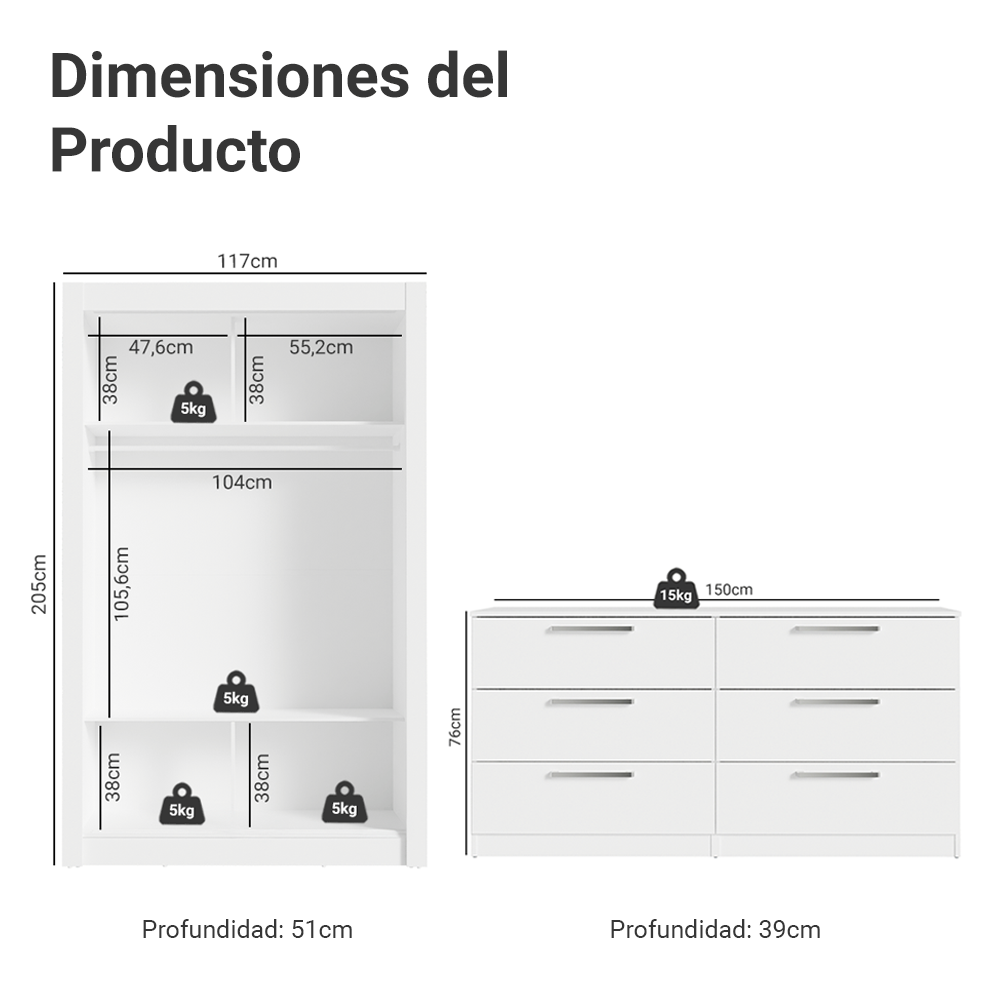 Kit Dormitorio Individual 2 Puertas Corredizas y Chifonier 6 Cajones Blanco Madesa
