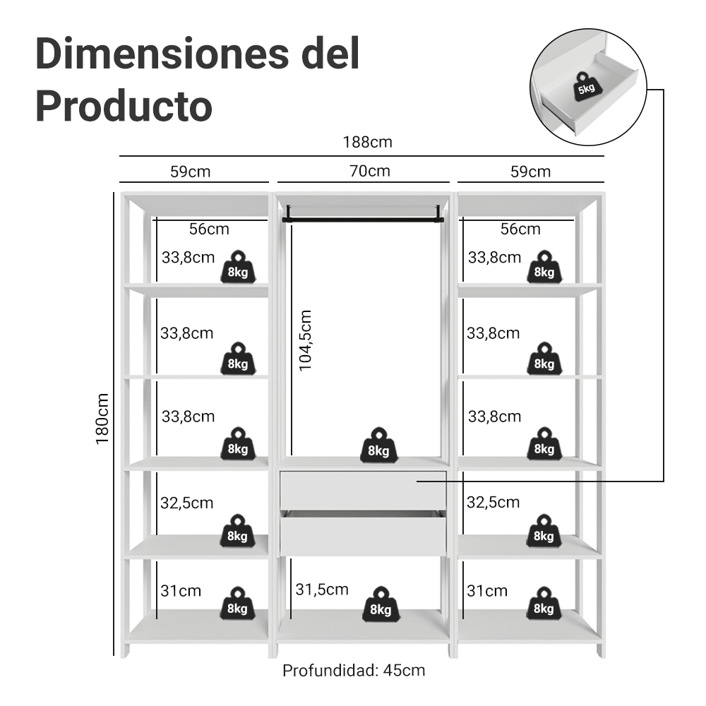 Placard Modulado 188 cm 2 Cajones Valencia Blanco