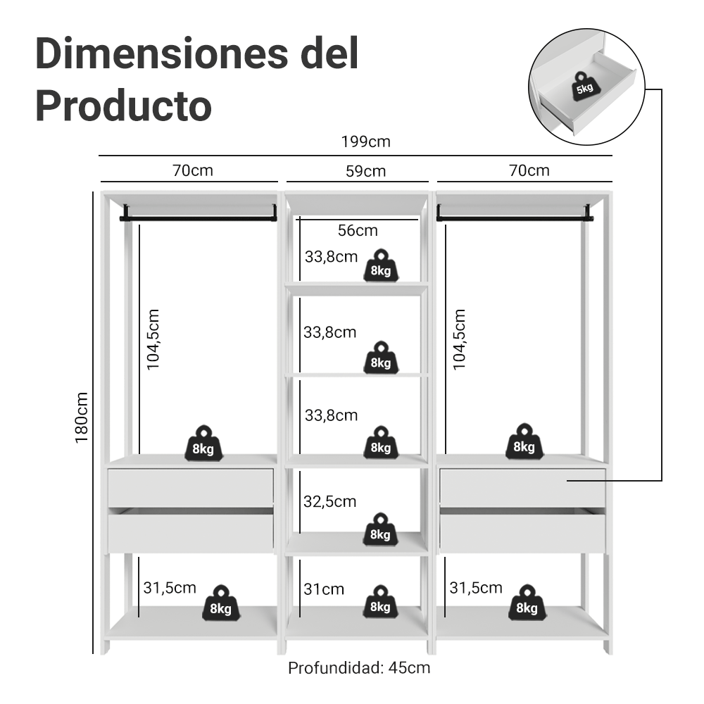 Placard Modulado 199 cm 4 Cajones Valencia Blanco