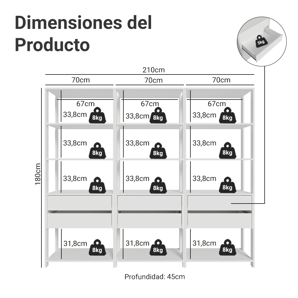 Placard Modulado 210 cm 6 Cajones Valencia Blanco
