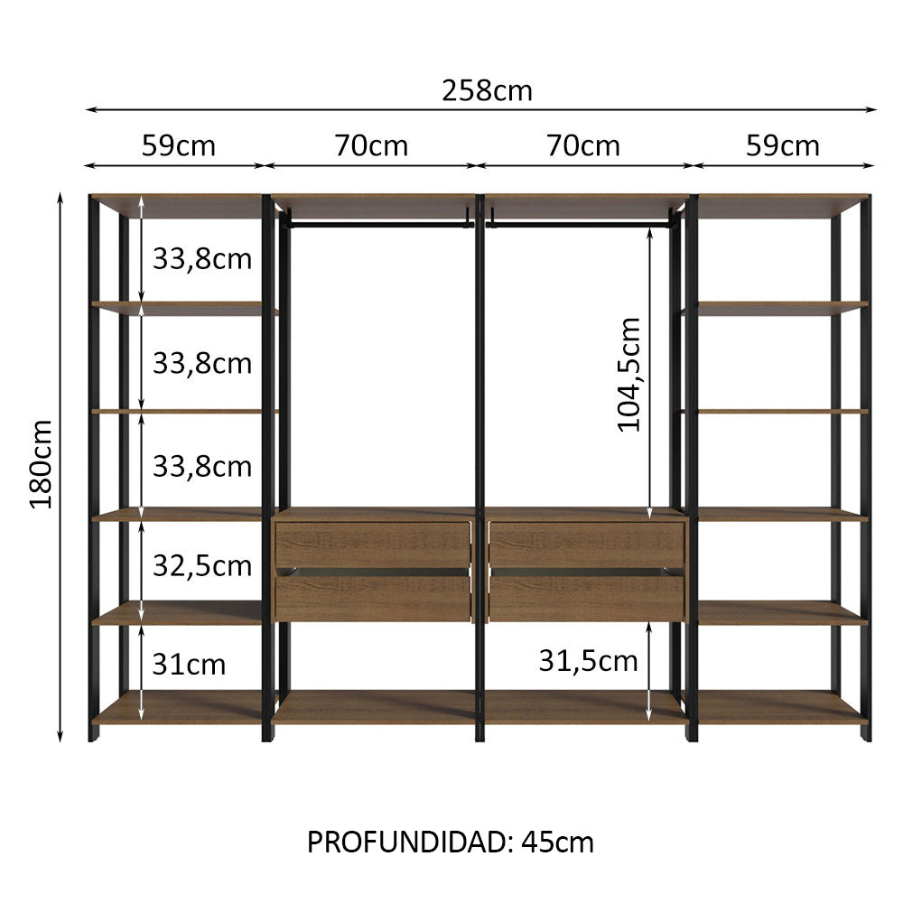 Placard Ropero Modulado Valencia 4 Cajones 258cm Marrón/Negro 01