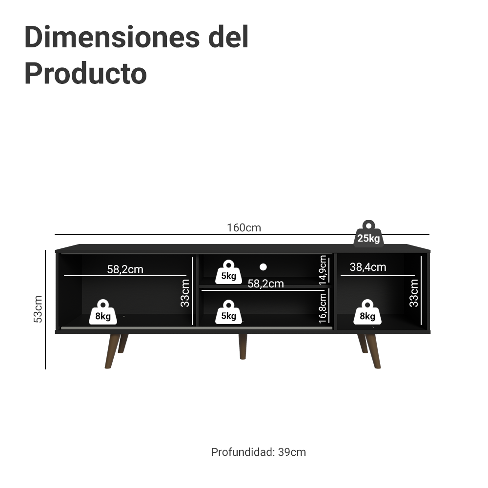 Rack para TV hasta 80 pulgadas, 160 cm, Negro/Marrón con patas Torino Marrón
