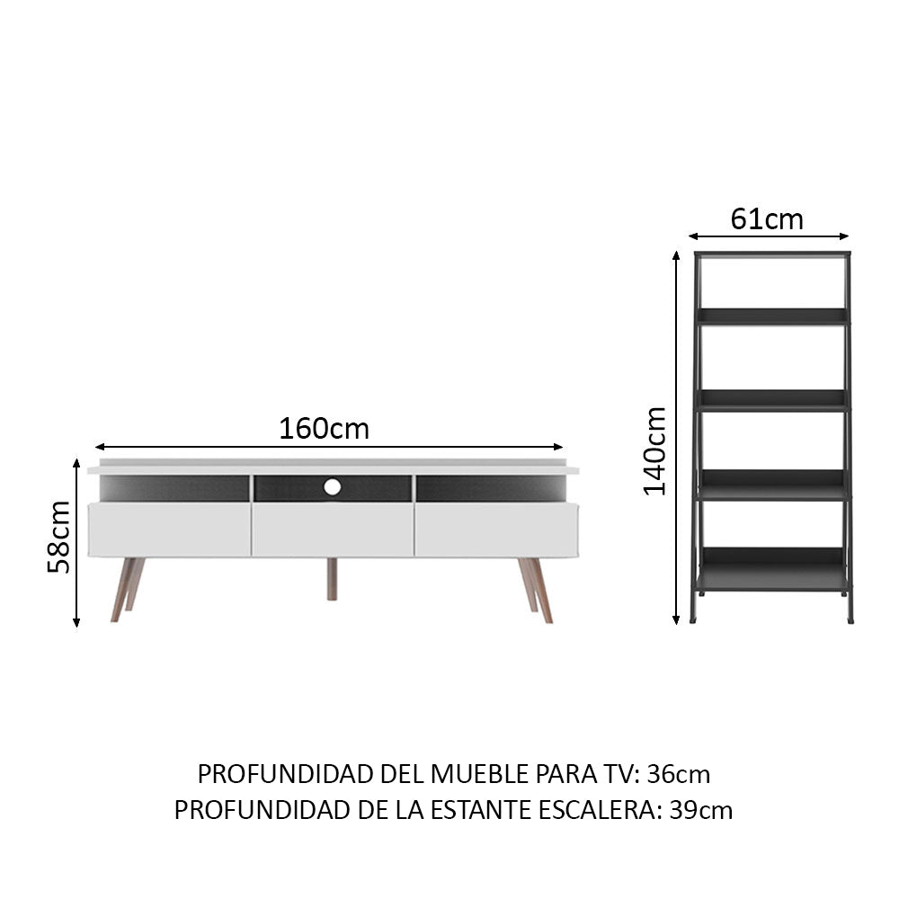 Rack para TV hasta 65 pulgadas Londres y estantería escalera Blanco/Negro
