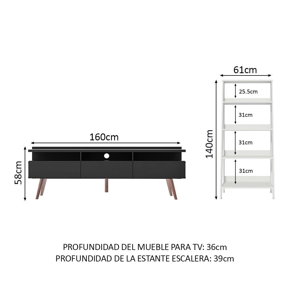 Rack para TV Londres hasta 65 pulgadas y librería Escalera en color Negro/Blanco