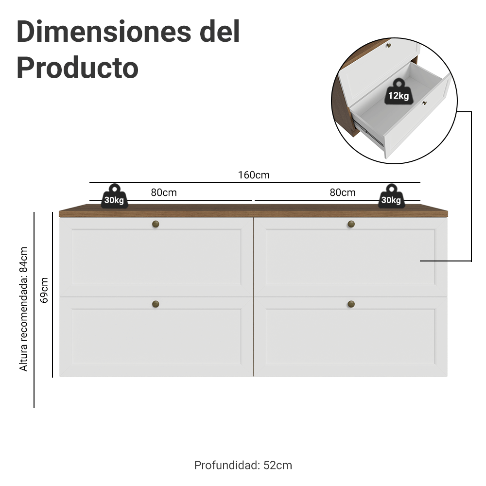 Rack para TV hasta 70 pulgadas, 160cm, 4 cajones, Marrón/Blanco Vik 04