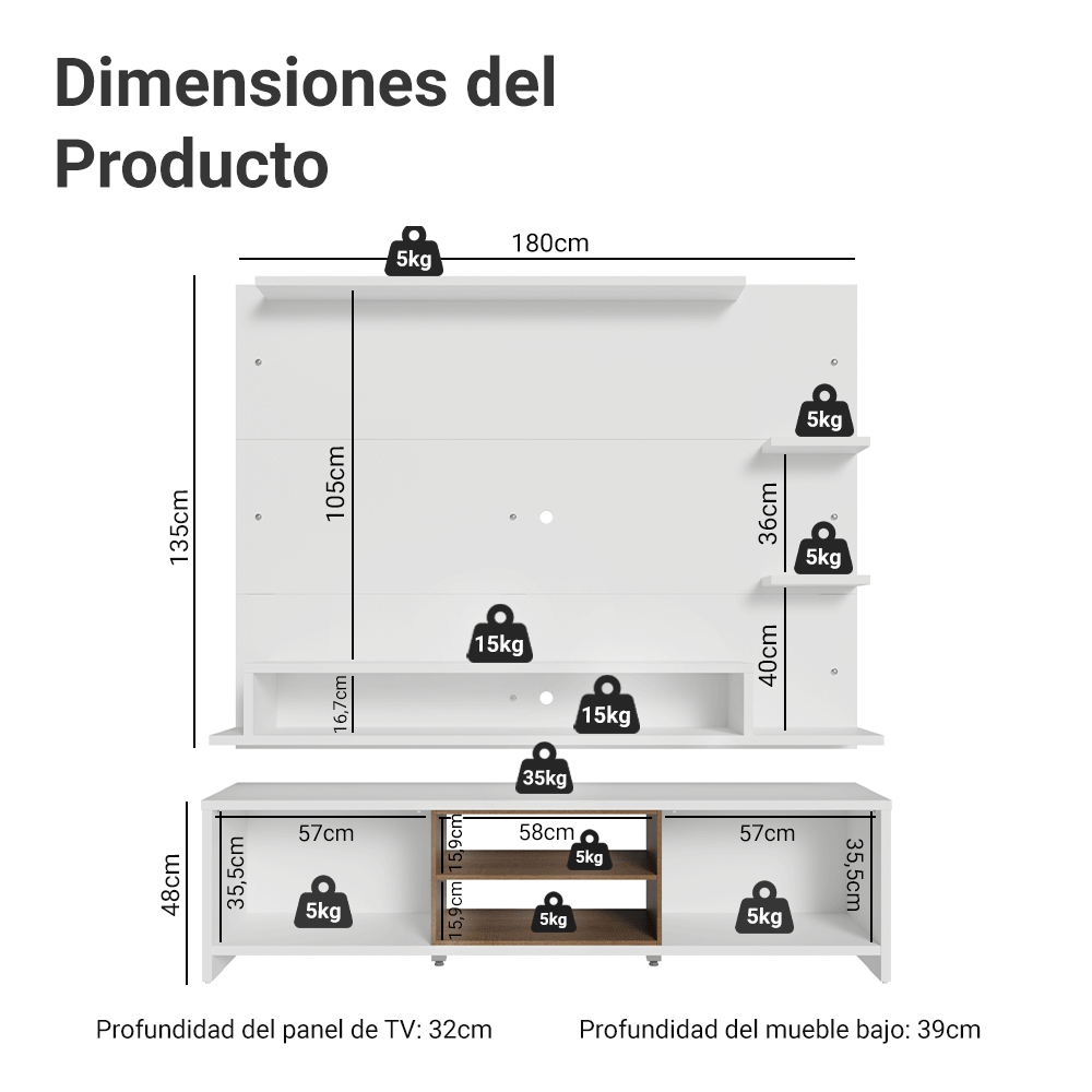 Rack con Panel para TV hasta 60 Pulgadas 180 cm Blanco/Marrón Metz Madesa
