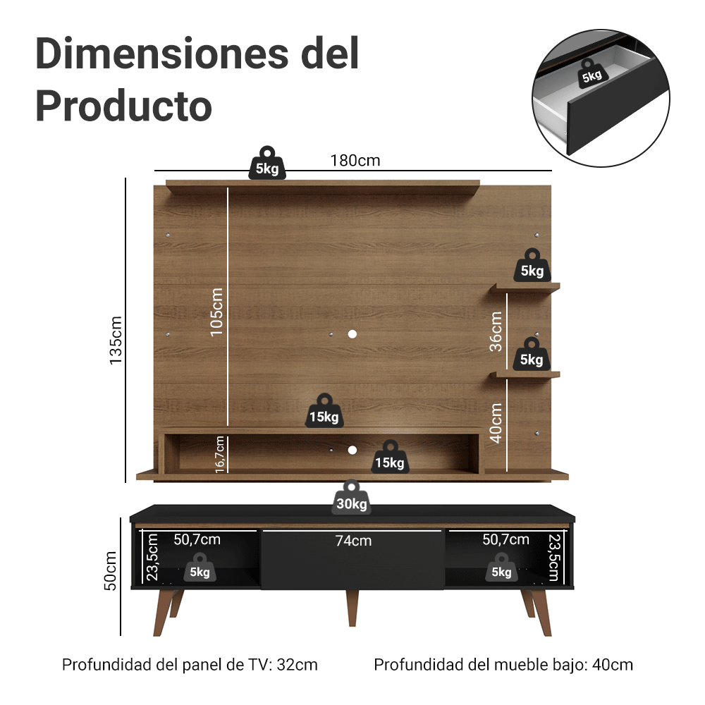 Rack con Panel para TV hasta 60 Pulgadas 180 cm con Patas Marrón/Negro/Marrón Reims Madesa