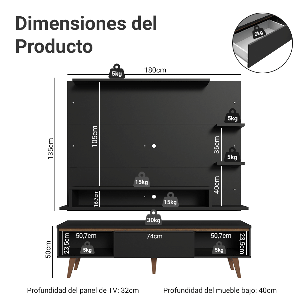 Rack con Panel para TV hasta 60 Pulgadas 180 cm con Patas Negro/Marrón Reims Madesa