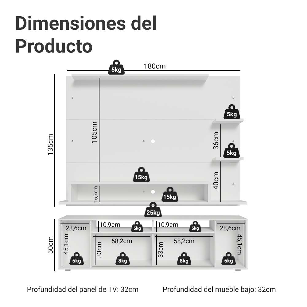 Rack con Panel para TV hasta 60 Pulgadas 180 cm Blanco Cancun Madesa