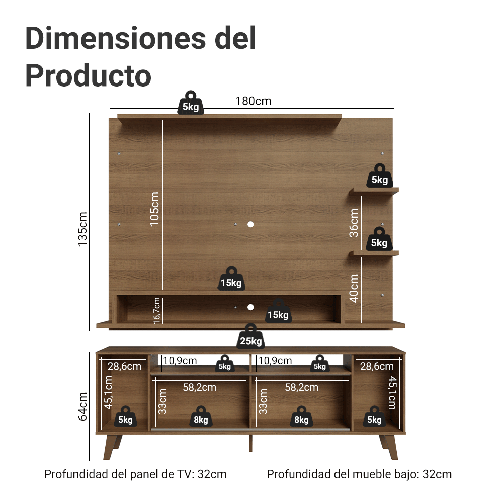 Rack con Panel para TV hasta 60 Pulgadas 180 cm con Patas Marrón Cancun Madesa