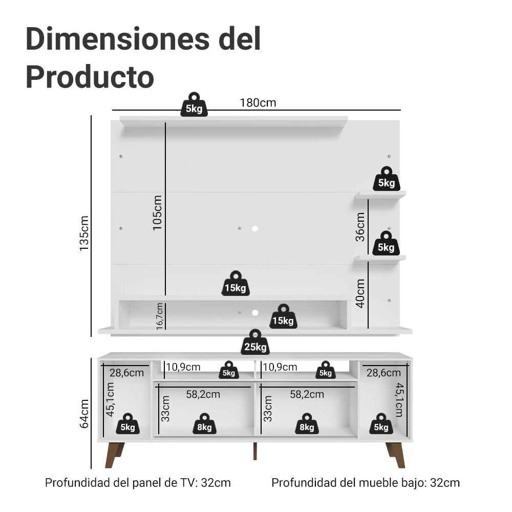 Rack con Panel para TV hasta 60 Pulgadas 180 cm con Patas Blanco/Marrón Cancun Madesa