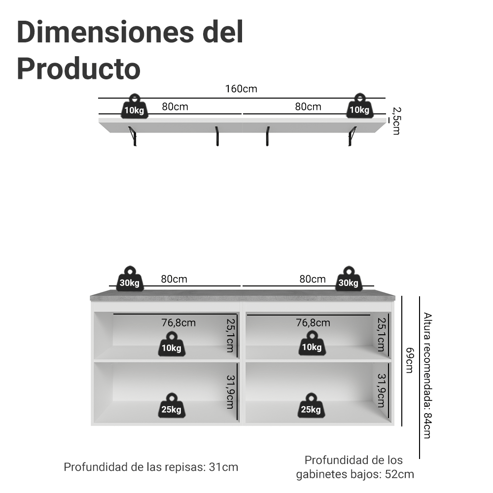 Rack para TV hasta 70 pulgadas + repisas de 160cm, Blanco/Verde Vik 05