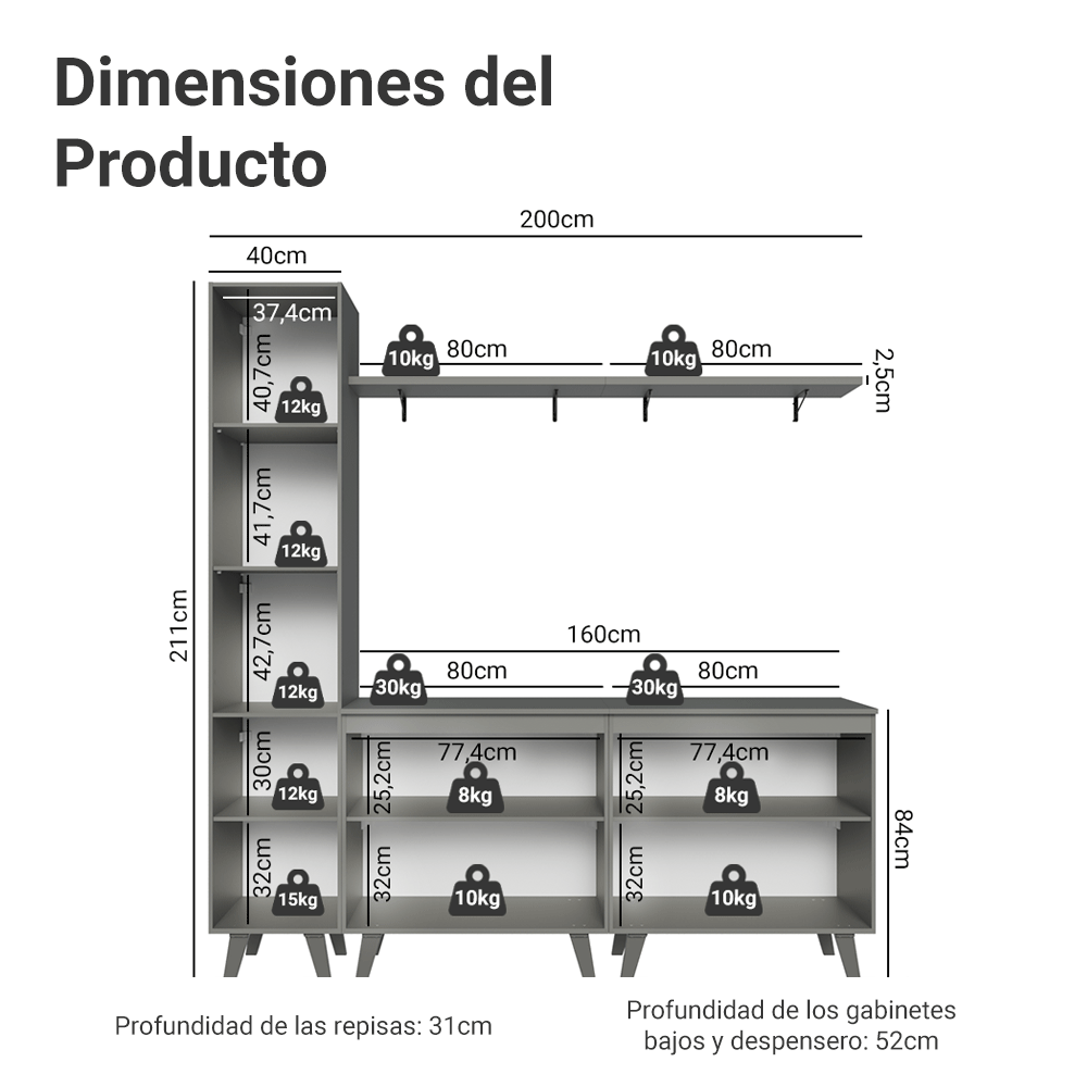 Rack para TV hasta 70 pulgadas + repisa 200cm, Gris Nice 02