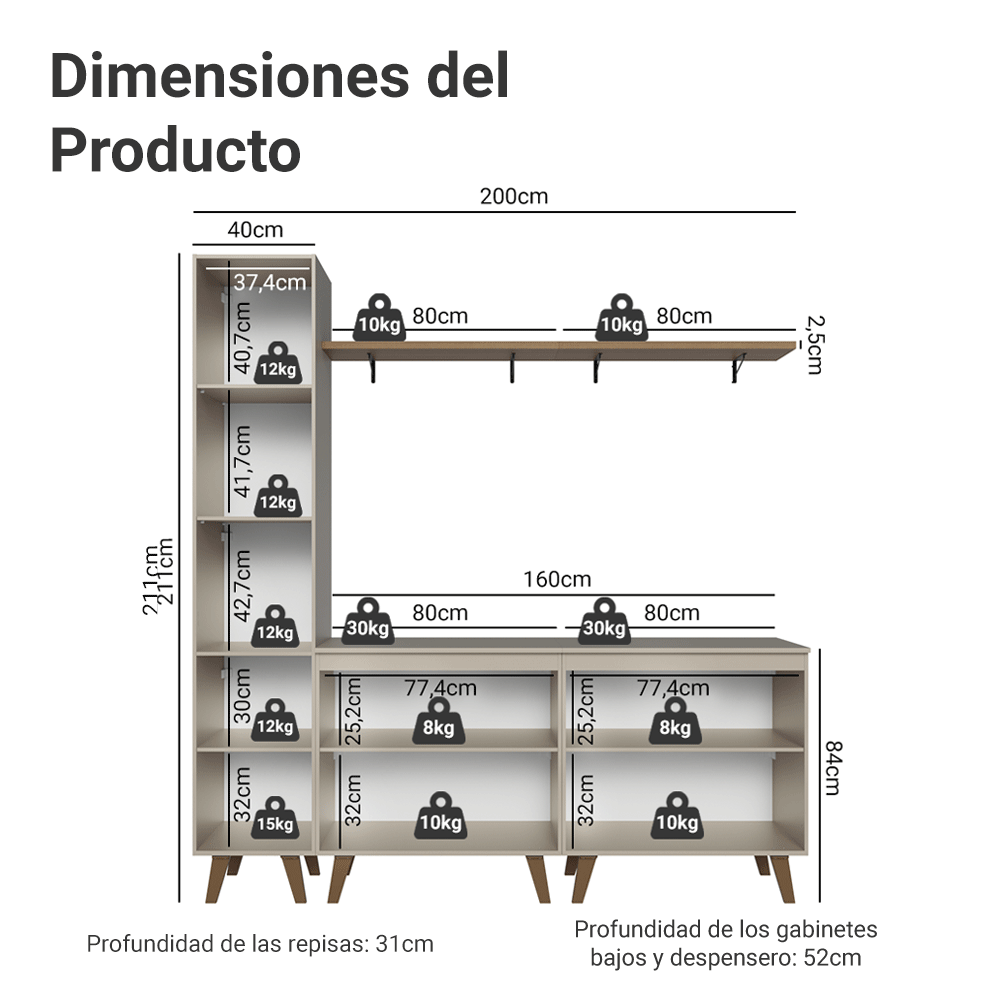 Rack para TV hasta 70 pulgadas + repisa 200cm Crema Nice 02