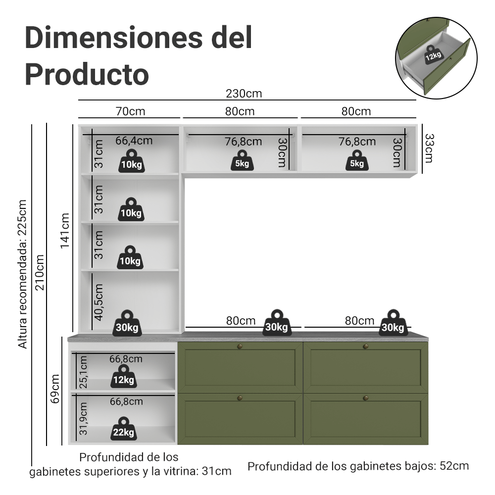 Centros de Entretenimiento con Rack + Cristaleiro 230 cm Blanco/Verde Vik Madesa 01