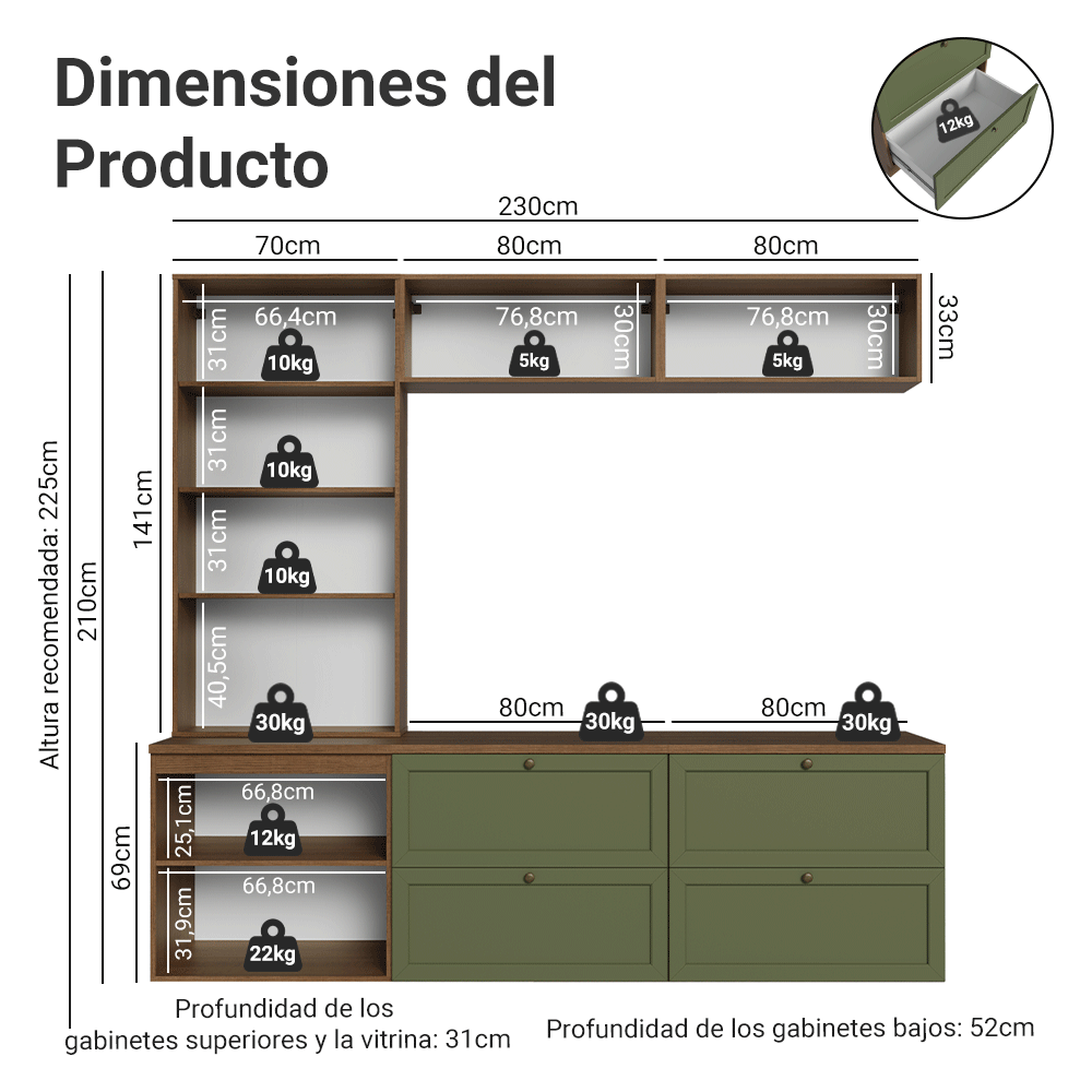 Centros de Entretenimiento con Rack + Cristaleiro 230 cm Marrón/Verde Vik Madesa 01