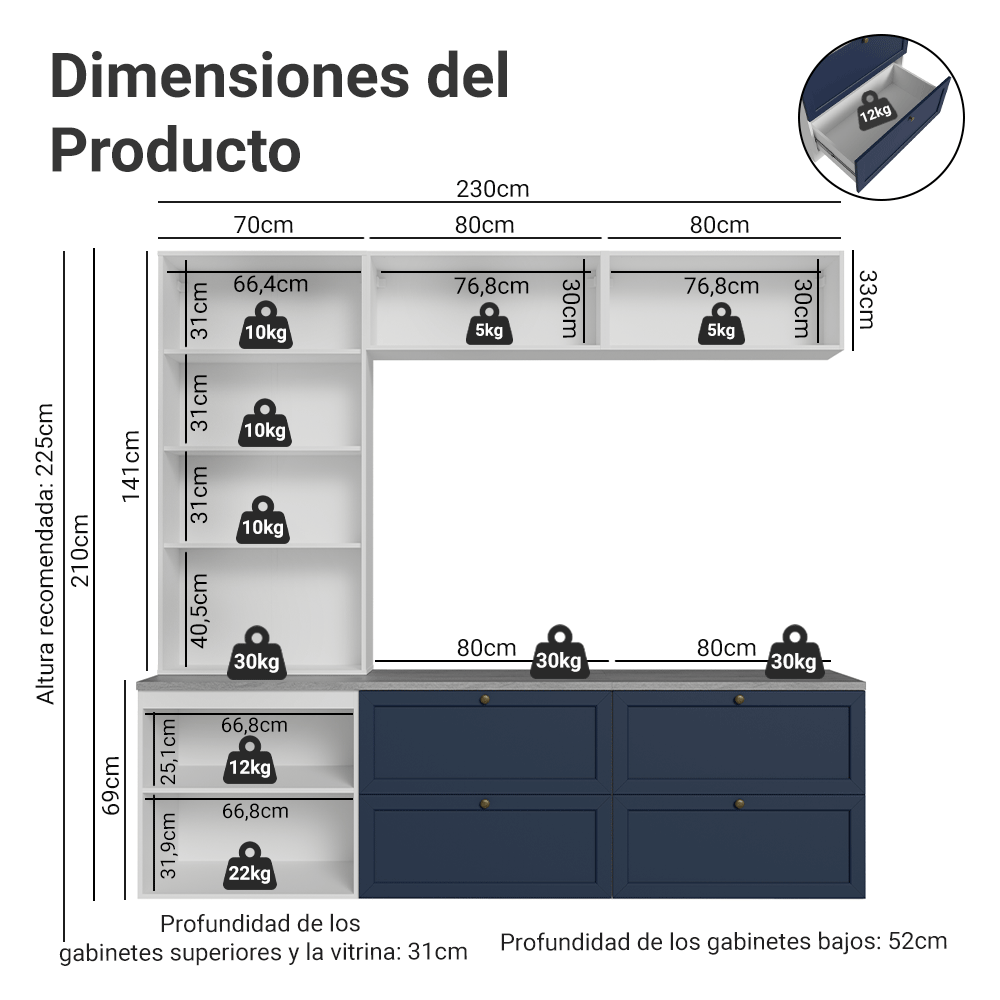 Centros de Entretenimiento con Rack + Cristaleiro 230 cm Blanco/Azul/Blanco Vik Madesa 01