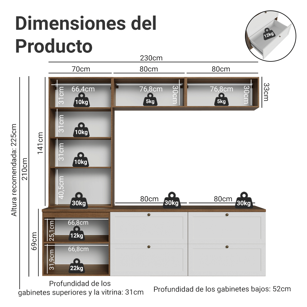 Centros de Entretenimiento con Rack + Cristaleiro 230 cm Marrón/Blanco/Marrón Vik Madesa 02