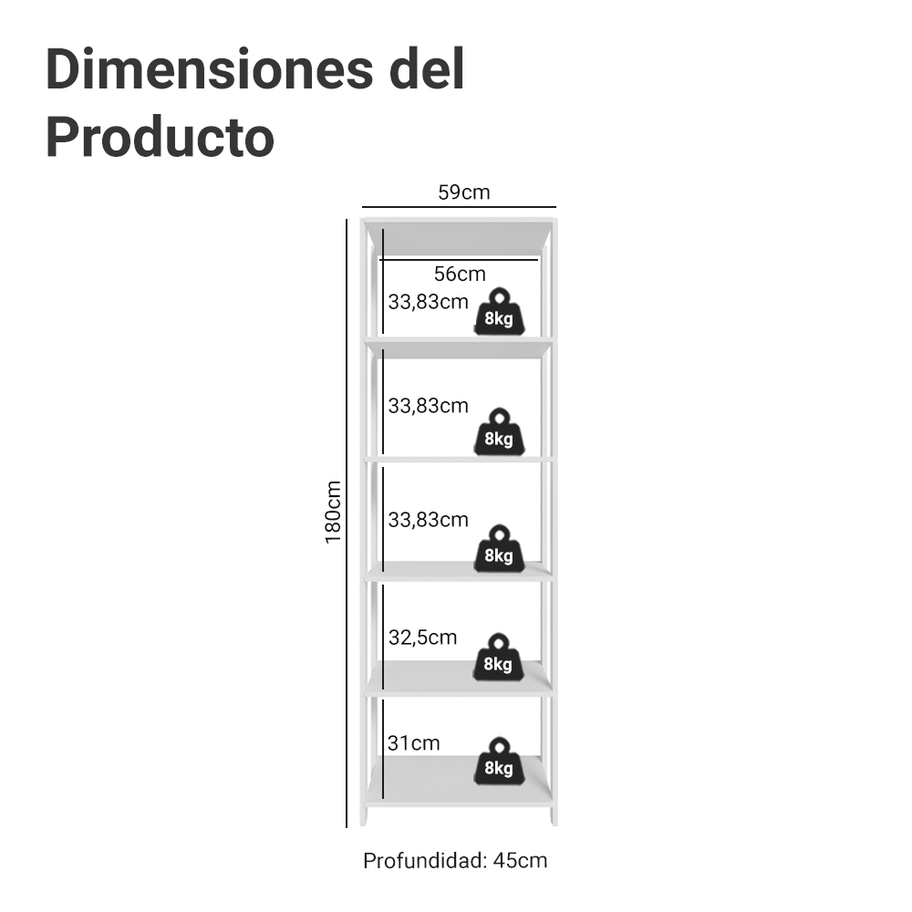 Mueble/Estante de Oficina Multiusos, 59 cm, 5 Baldas, Blanco