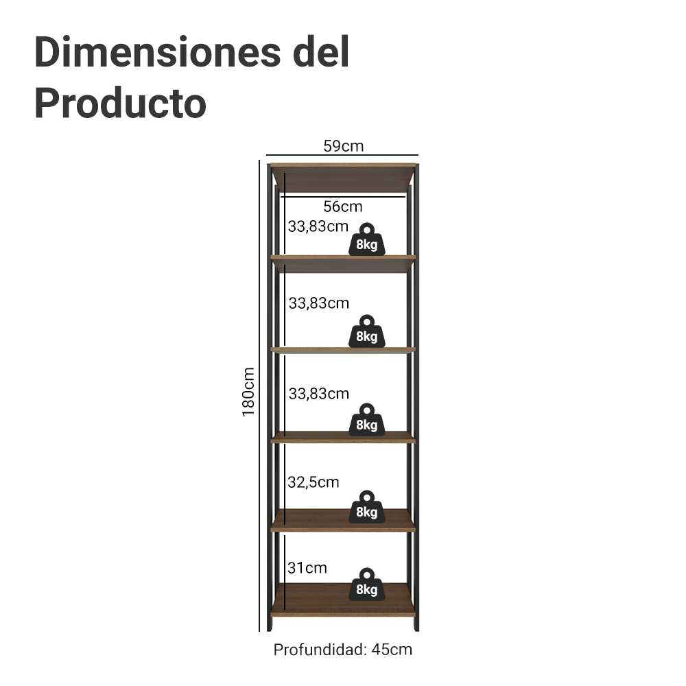 Mueble/Estante de Oficina Multiusos, 59 cm, 5 Estantes, Marrón/Negro