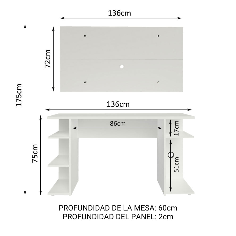 Escritorio Gamer Madesa 9409 e Panel para TV hasta 50 Pulgadas Blanco